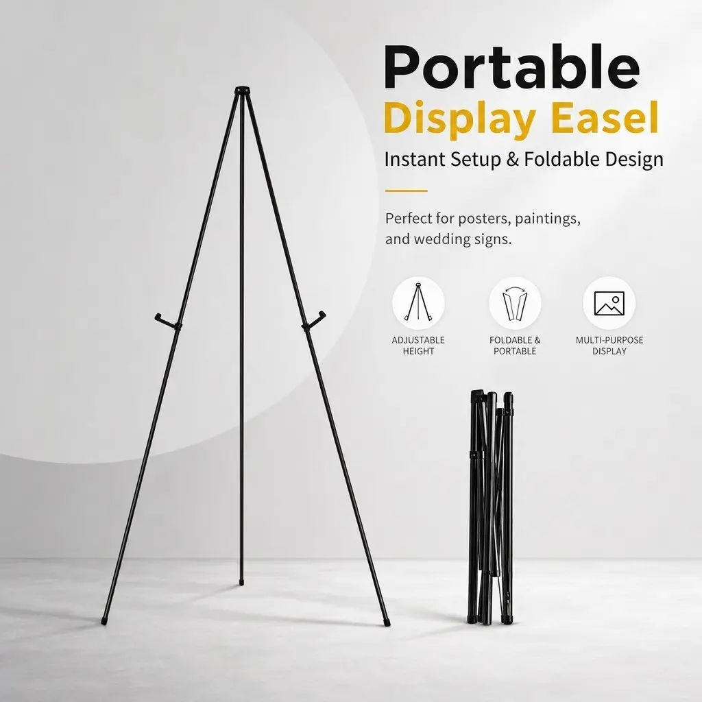 Foldable Metal Tripod Display Stand, Adjustable Height Portable Sign Holder, Ideal for Wedding Welcome Signs, Exhibitions, Events