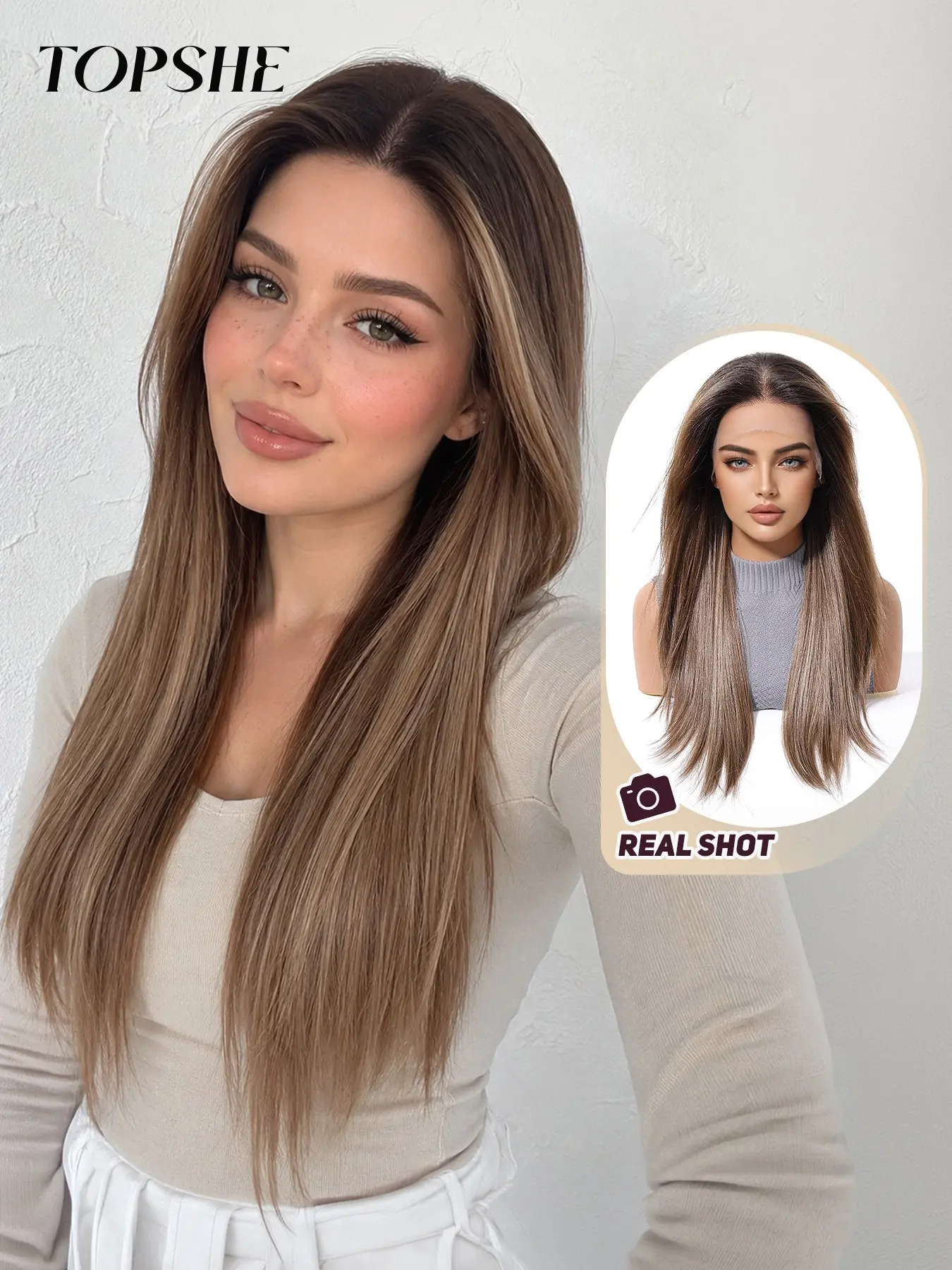 Topshe 13x6 Lace Front Wig, 22 Inch Medium Straight Hair, Blonde Highlights, Breathable and Easy to Wear, Elegant Wig, Daily Commute Party Style