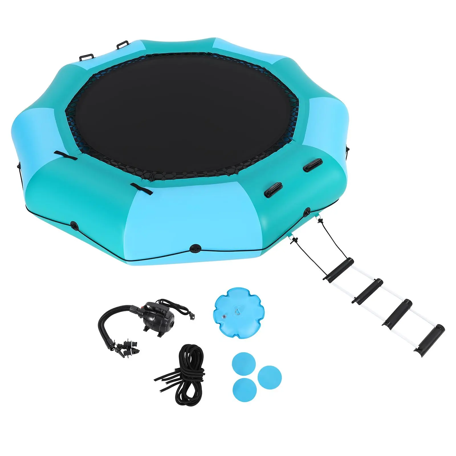 15ft Inflatable Water Trampoline with 10ft Bounce Area & 600W Pump for Lake Pool, 3-in-1 Floating Trampoline Party Platform with Ladder Anchor Bags, Heavy Duty 1000D PVC Water Bouncer for Kids Adults Summer Water Sports Game