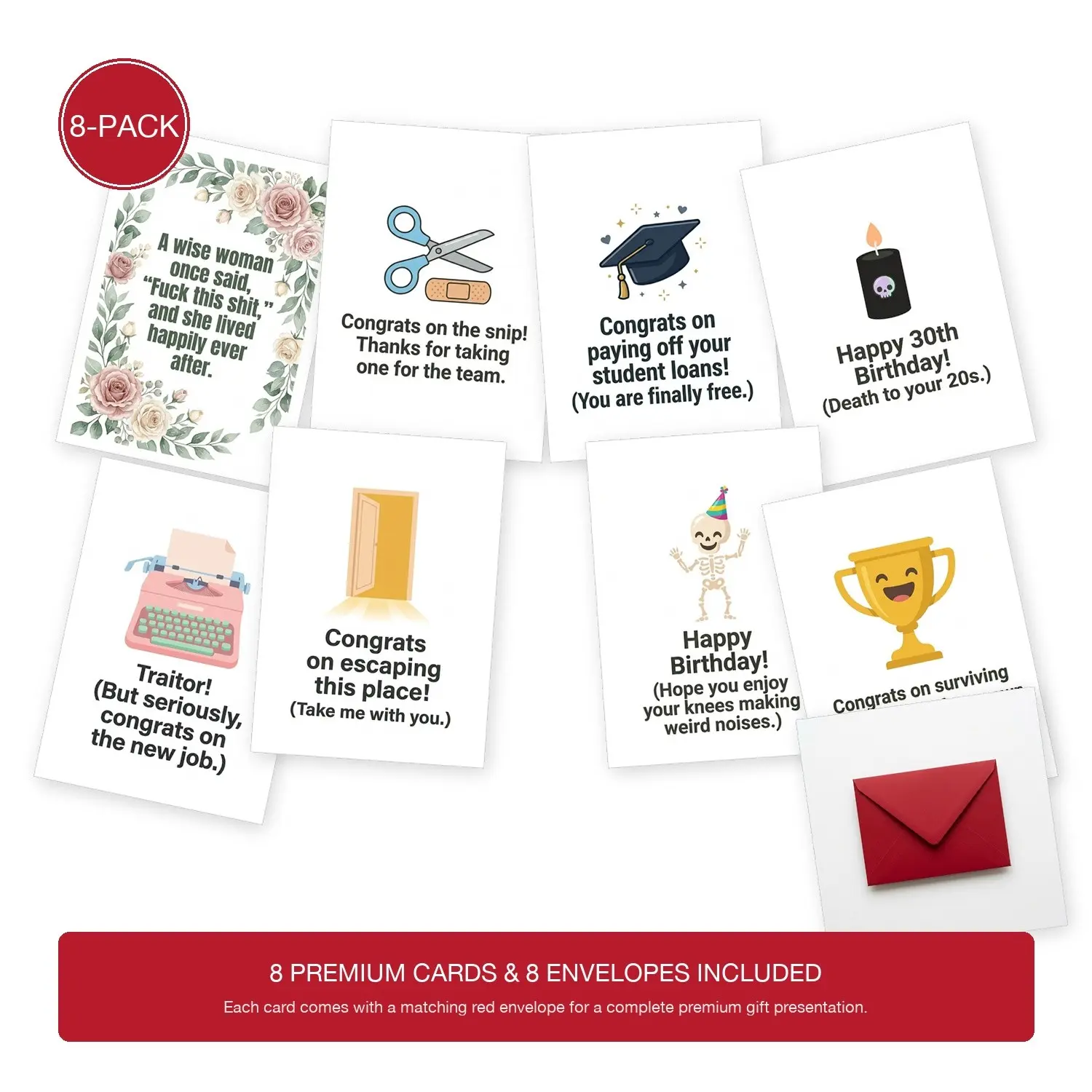 😭 Adulting is Hard! 🍾 "Adulting Crisis Survival Set" 8-Pack Sarcastic Greeting Cards, Funny Dark Humor Congratulations Gift Assortment for Coworker Friendship Graduation Birthday Divorce Snip with 8 Premium Red Envelopes (5x7 Inches) stationery
