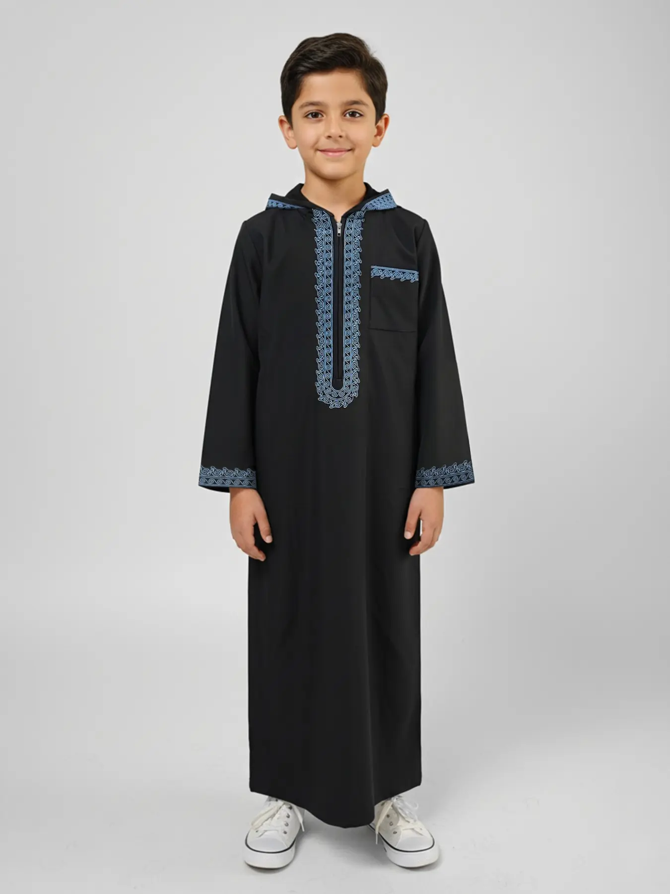 Moroccan Classic Hooded Djellaba, High-End Embroidered Zipper Design, Dual Side Pockets, Suitable for Boys Aged 8-12 Years