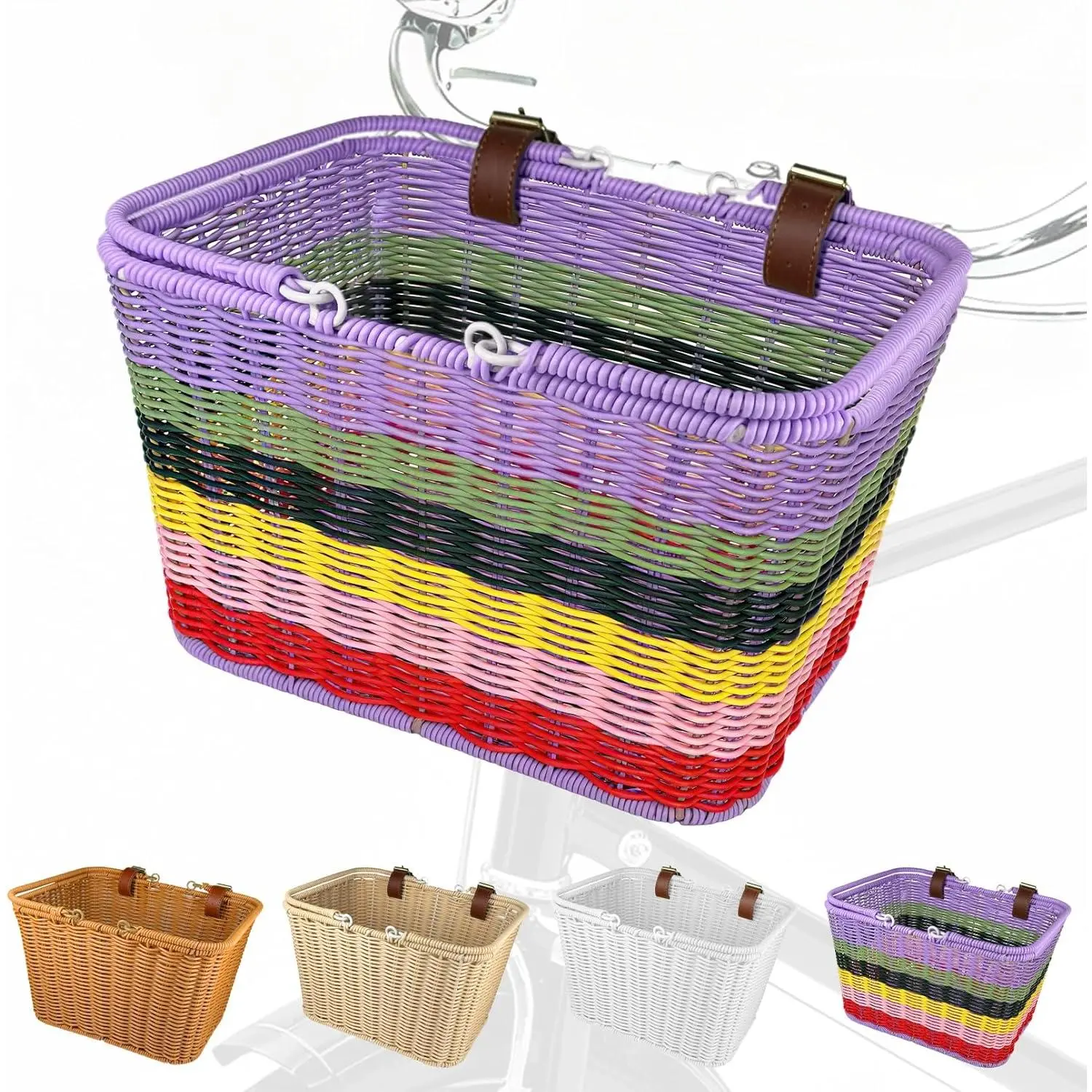 Detachable Front Handlebar Bike Basket, Large Hand-Woven Wicker Bicycle Basket with Iron Framework