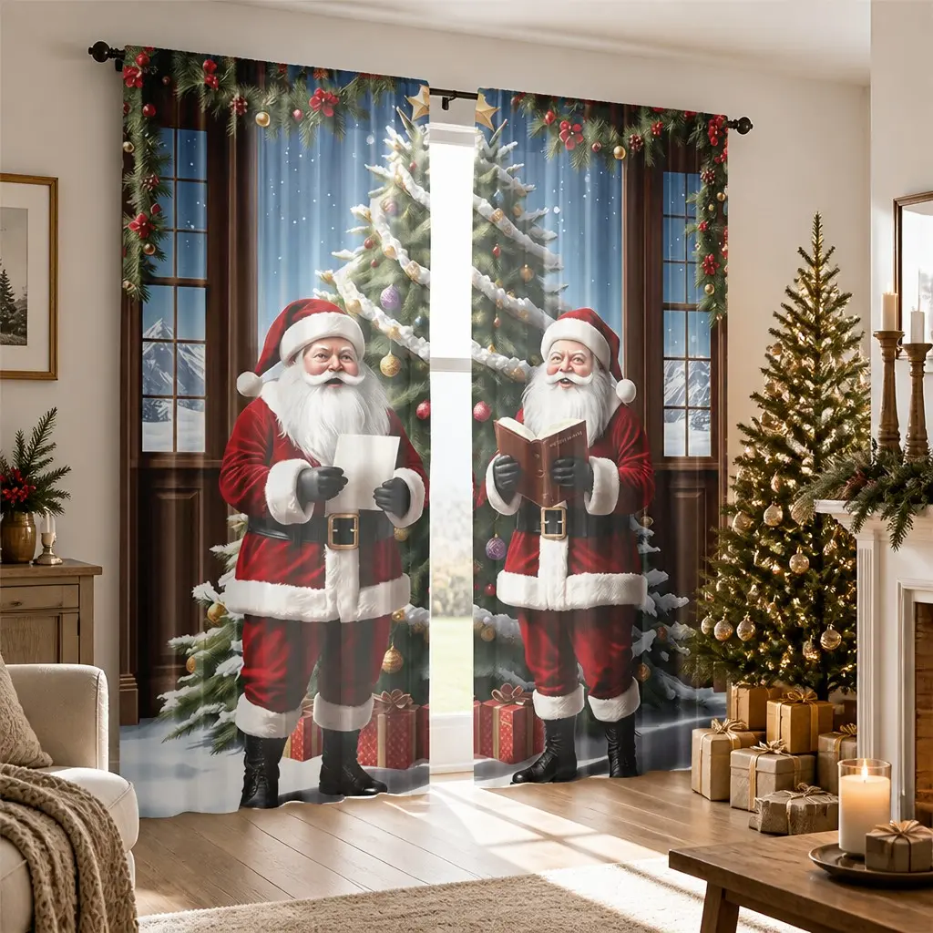 2 Piece Retro Santa Claus Theme Curtains, Semi-Transparent, Christmas Tree, Snowy Mountains, Pine Branches, Gift Box Patterns, Living Room, Bedroom, Farmhouse Style Decor