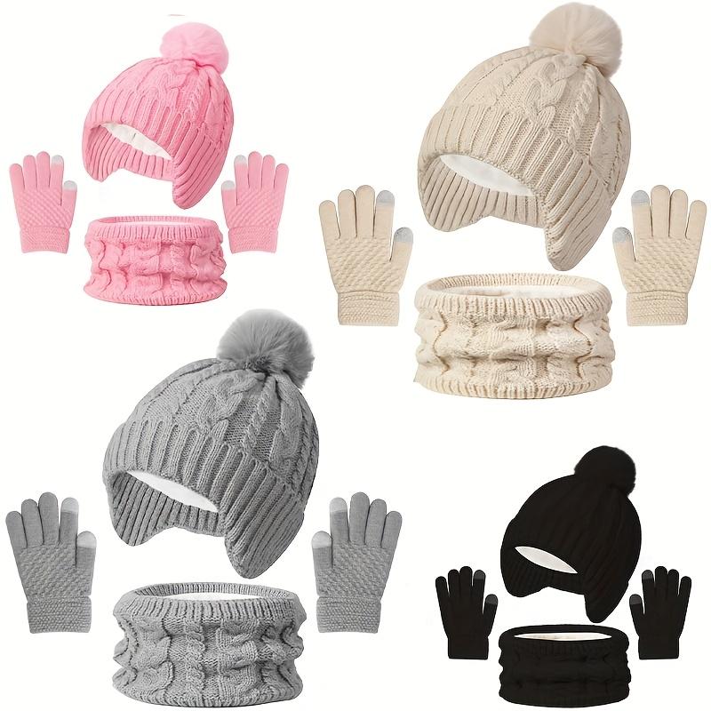 3pcs Winter Warm Hat, Gloves & Scarf Set - Soft Stretchable -like Ear Protection Outfit with Pink Bow-like Pom-Poms, Beige//Gray Color Options for Boys & Girls (Ages 3-8) - Hand Washable Cold Weather
