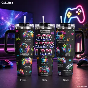 GOD Says I AM Gamer God Affirmation Art Vacuum Flasks GuLuBoo Vacuum Flasks 40oz Stainless Steel Vacuum Insulated Tumbler with Straw Leak Resistant Travel Mug Thermos Cup for Coffee, Gym & Office, Ideal Holiday Gift