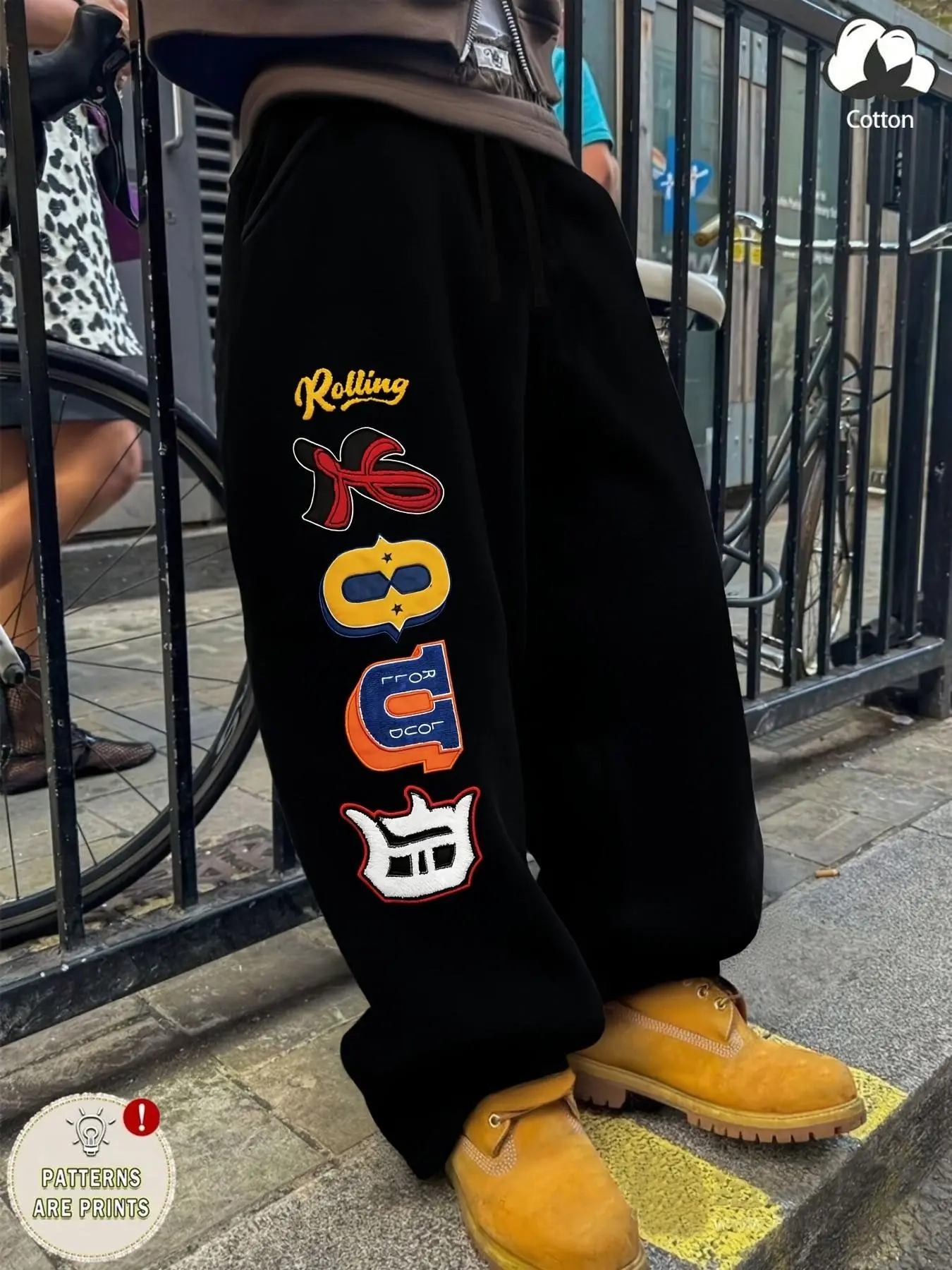 Unisex Cotton Black Wide Leg Loose Drawstring Sweatpants with Side Colorful "Rolling KOC" Letter Print American Streetwear Casual Pants Casual Streetwear Trousers