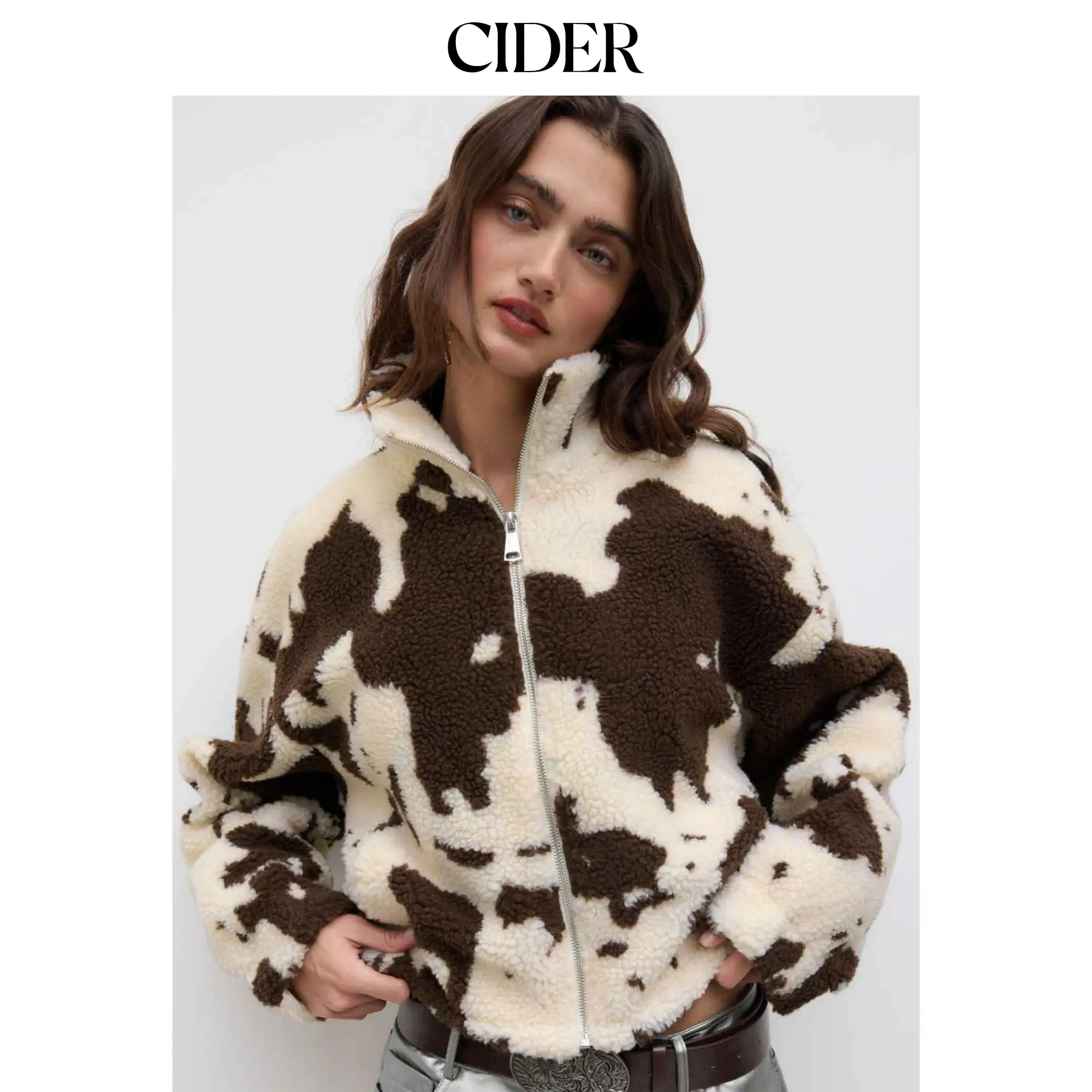 Cider Fleece Funnel Neck Print Drawstring Oversized Jacket SummerFinds