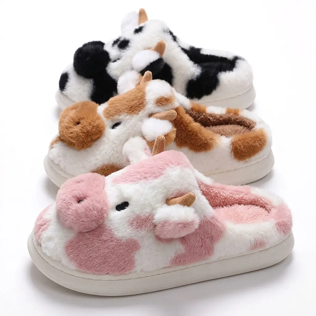 Cartoon Cow Cotton Slippers For Women Men,Winter Warm Plush Comfy Indoor Outdoor Slippers
