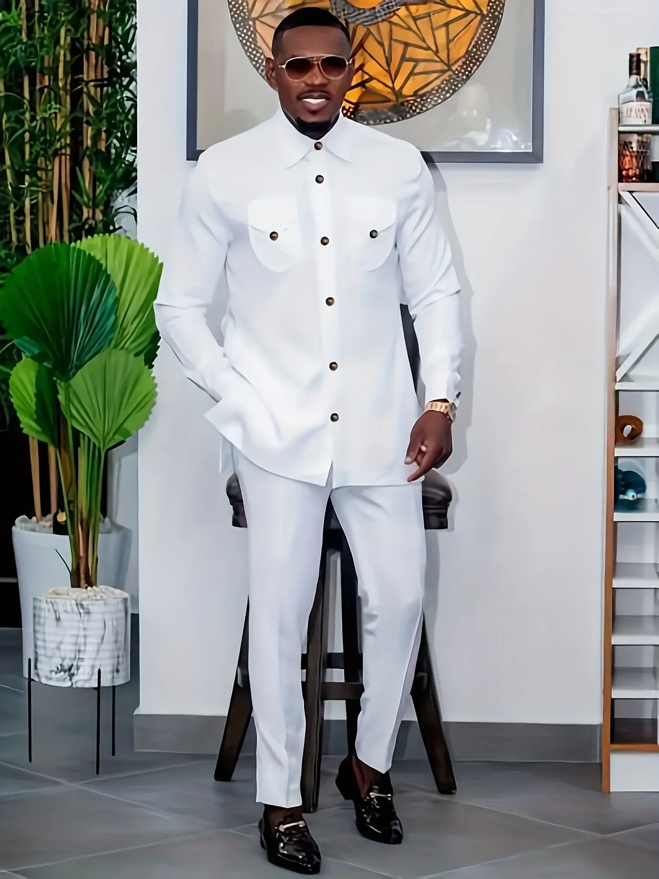 Muslim Men's New Arrival African Ethnic Clothing, Button-Up Shirt and Long Pants Set, 2-Piece, Trendy, Casual and Comfortable