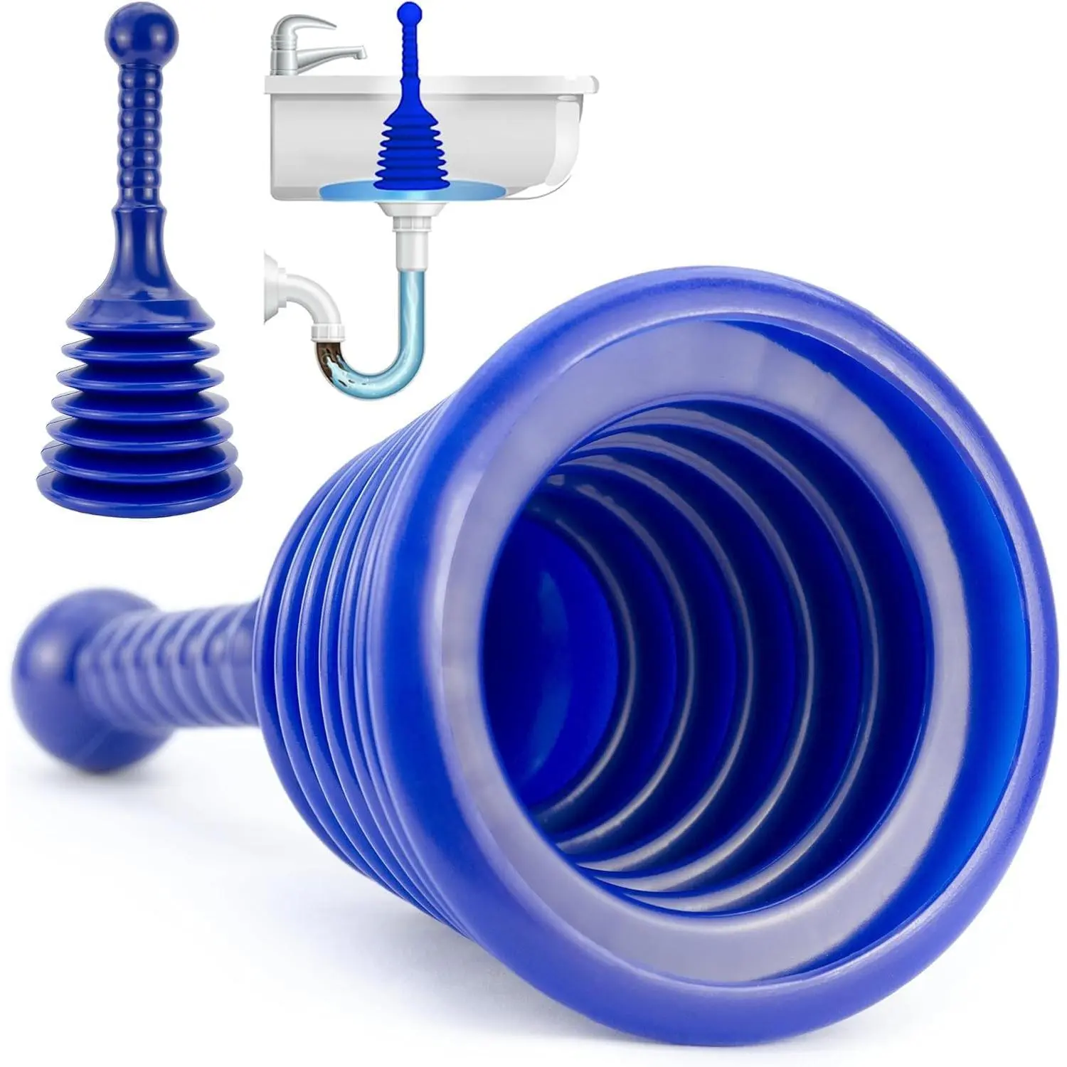 Sink Plunger Kitchen - Sink Plunger Bathroom - Drain Bathtub or Shower - Small and Powerful Clog Remover - Commercial Style "Plumbers Plungers" with Large Bellows - Blue - Small
