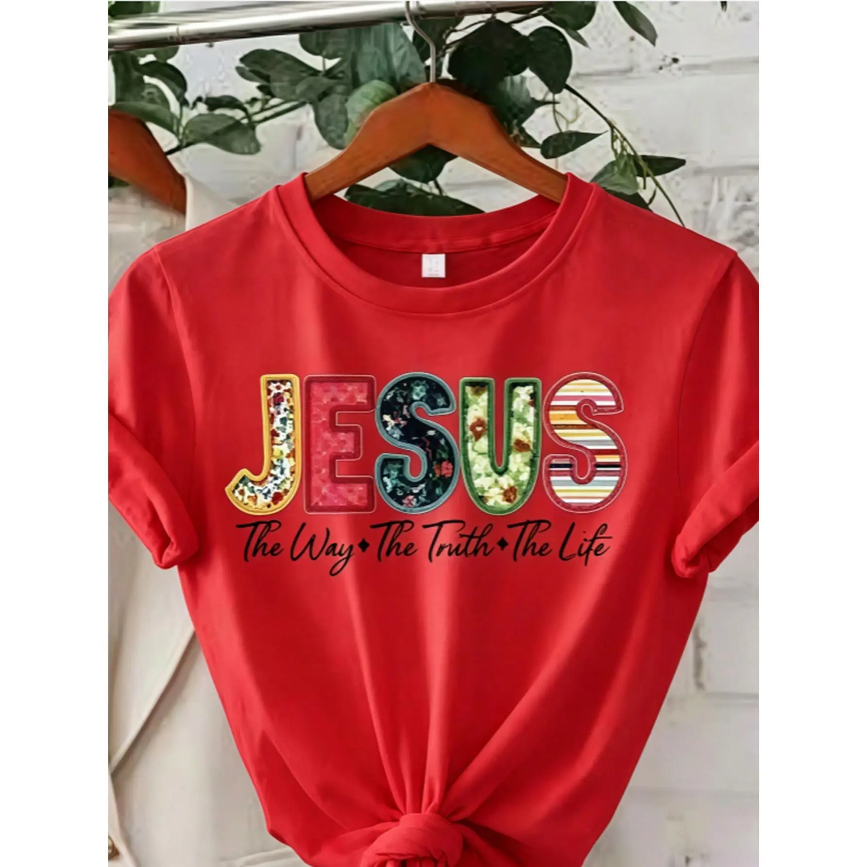 Christian Short-Sleeve Casual Cotton Fabric Fit T-Shirt - Jesus Is The Way Truth Life Bible Text Printed, Floral Pattern White Religious Washable Everyday Devotion Sports Top, Shortsleeve, Knitted, Round Neck, Piece, Tops, Tshirt, Christian Clothing, Eleg