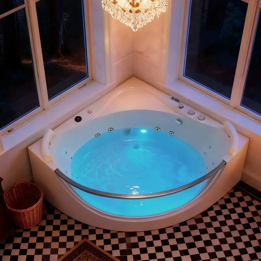 2 Person Acrylic Corner Whirlpool Bathtub 59 Inch 16 Jet Hydro Massage Bathtub With Heater Rainbow Light UL Certified Spa