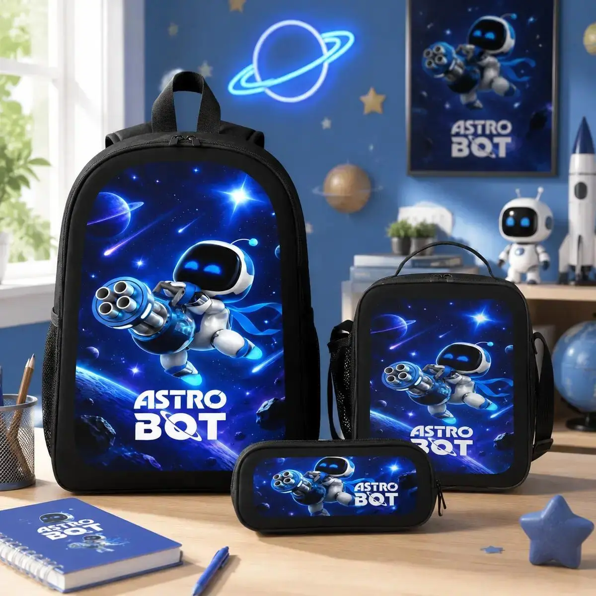 Casual Astro Bot Outdoor Backpack 3pc Set Laptop Daypack Print Travel Backpack School Work Camping Travel Bag Aesthetic Lightweight Backpack TikTok Viral Back To School Gift Birthday Gift Travel Essentials Student Set Lunch Bag Pencil Case Organizer Set
