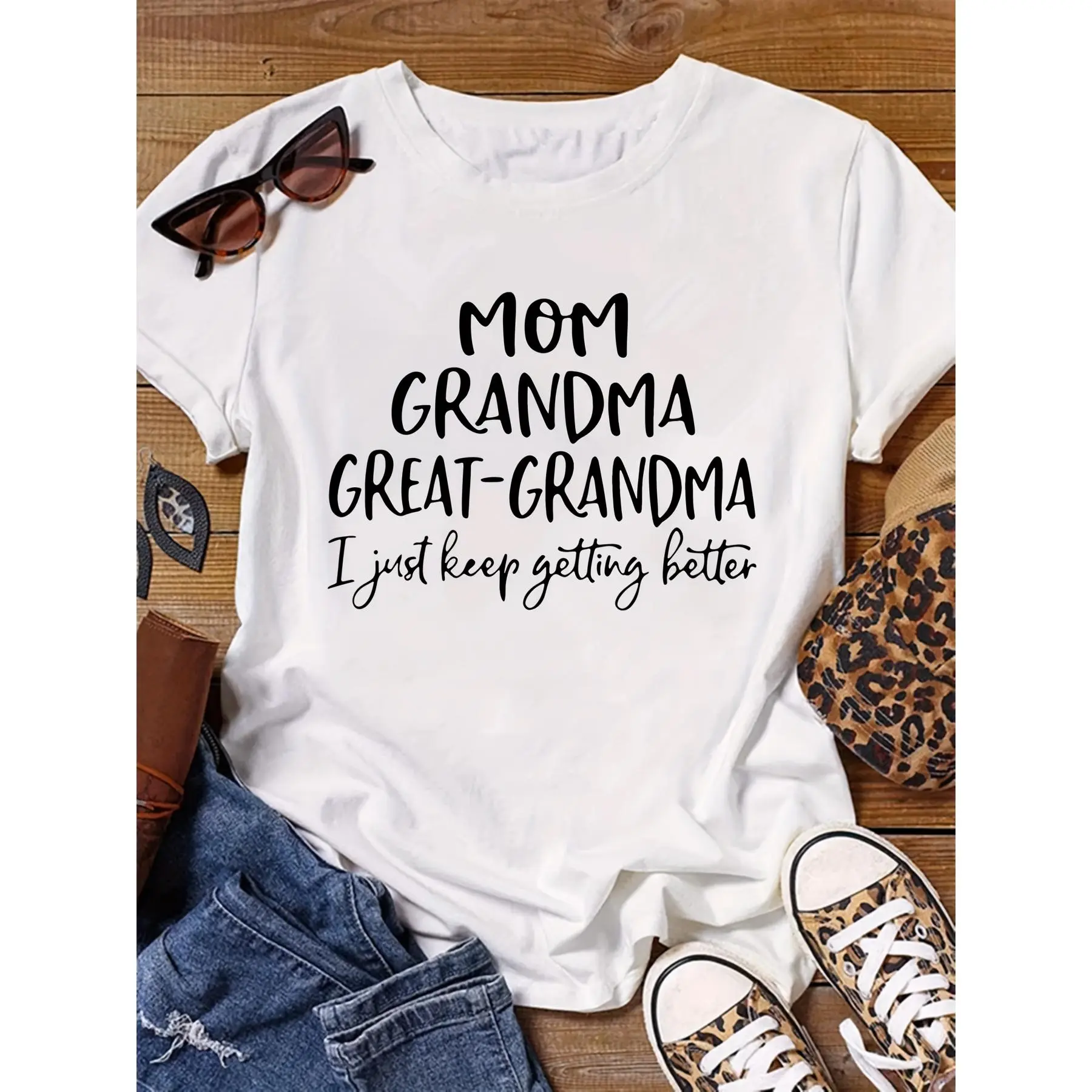 Women's Sporty Chic 100% Polyester Short Sleeve Sports Top - Pink Round Neck, "MOM GRANDMA GREAT-GRANDMA" Inspirational All-Over Alpha Print, Plus Size, Relaxed Fit, Nontransparent, Machine Washable, All-Season Comfort