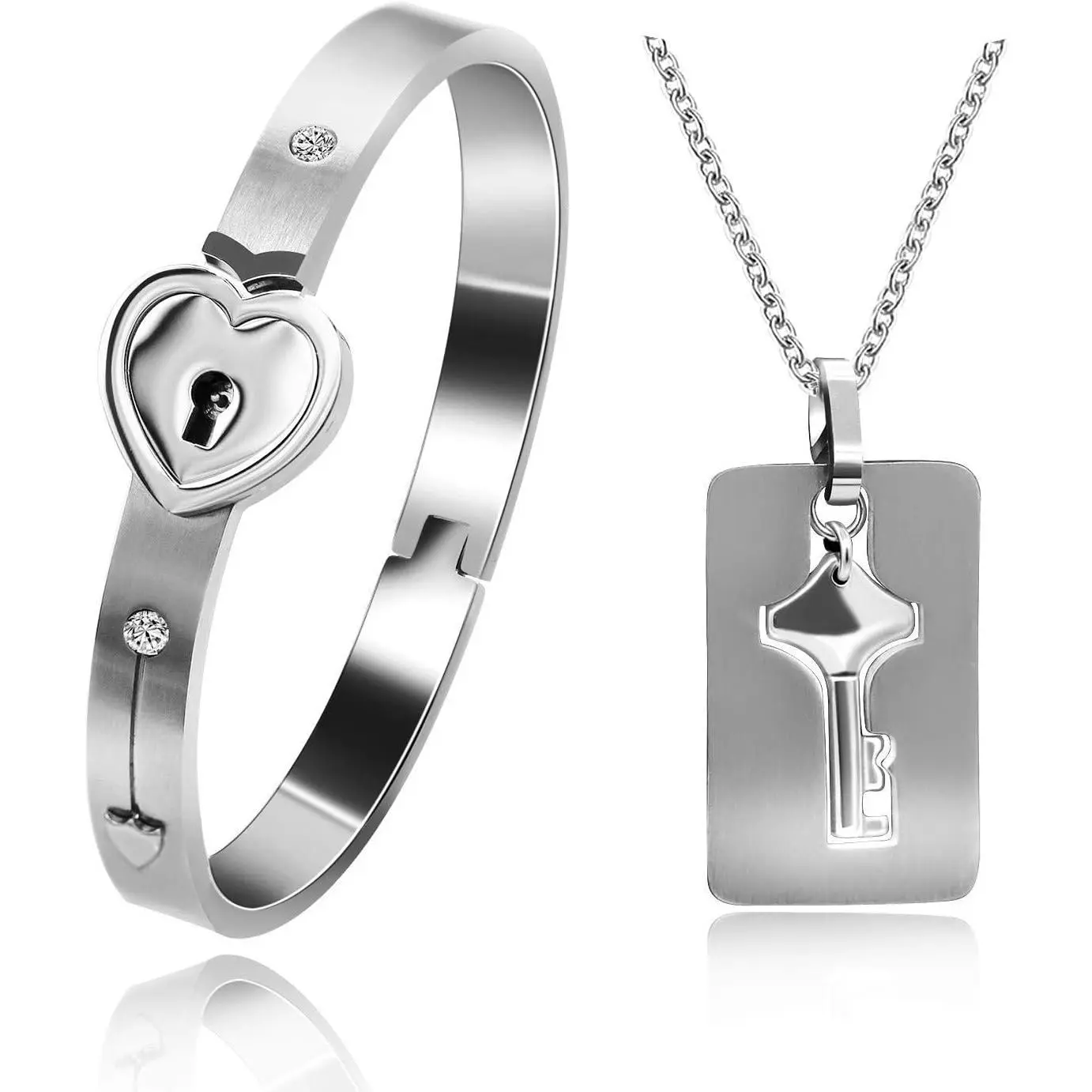 Modern Titanium Stainless Steel Lock Bangle Bracelet & Key Pendant Necklace Set, Valentine Set Gift for Him/Her