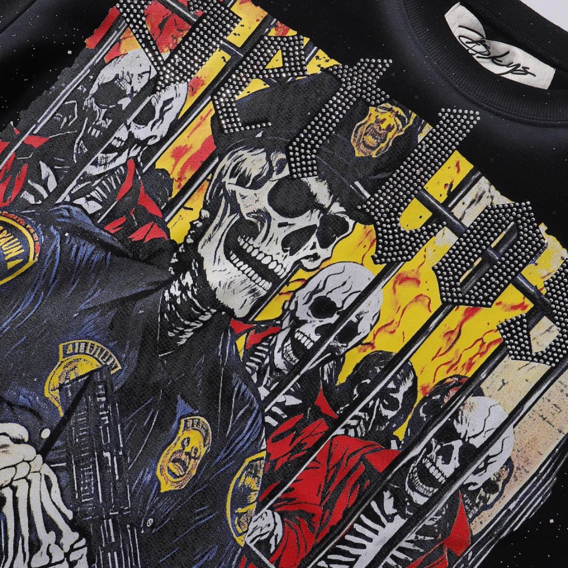 Best Quality Washed Gray Full Rhinestone Bling T-Shirt, Unisex F-Terry Cropped Tee, BKYS Skull Print High Street Hip Hop Rock Retro Y2K Vintage Streetwear, Sparkle Diamond Graphic Casual Short Sleeve Tops for Men Women