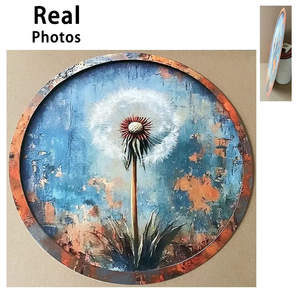 Vintage Dandelion Round Aluminum Wall Hanging, Pre-Drilled Holes, Rustic Aluminum Decoration, Home Garden Holiday Gift, Autumn Design, Wall Ornaments, Dandelion Wall Art