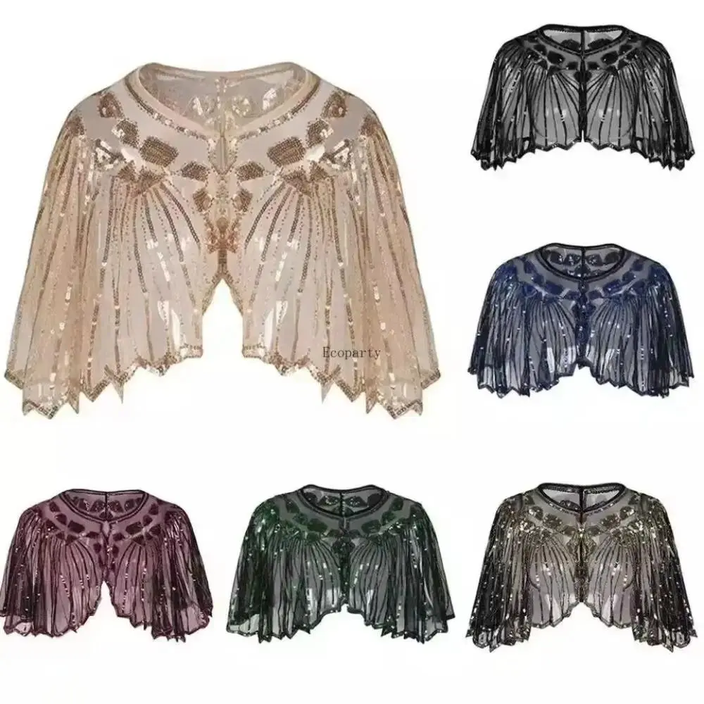 Beaded Decoration Women's Sequins Shawl Vintage Mesh Evening Cape Up Dress Accessory Short Cover Flapper Party Shawl Ladies