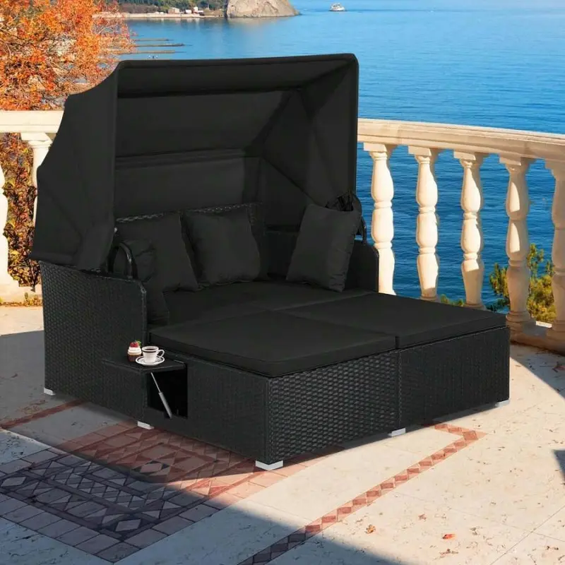 Outdoor Rattan Patio Daybed Lounge - Sturdy Hand-Woven Metal Frame, Foldable Retractable Sun Shade Canopy, Wide Seat, Side Tables, Cushions, Sun Protection, Sunshades for Patio, 800 lbs Capacity, Assembly Required, for Backyard Relaxation with Loved Ones,