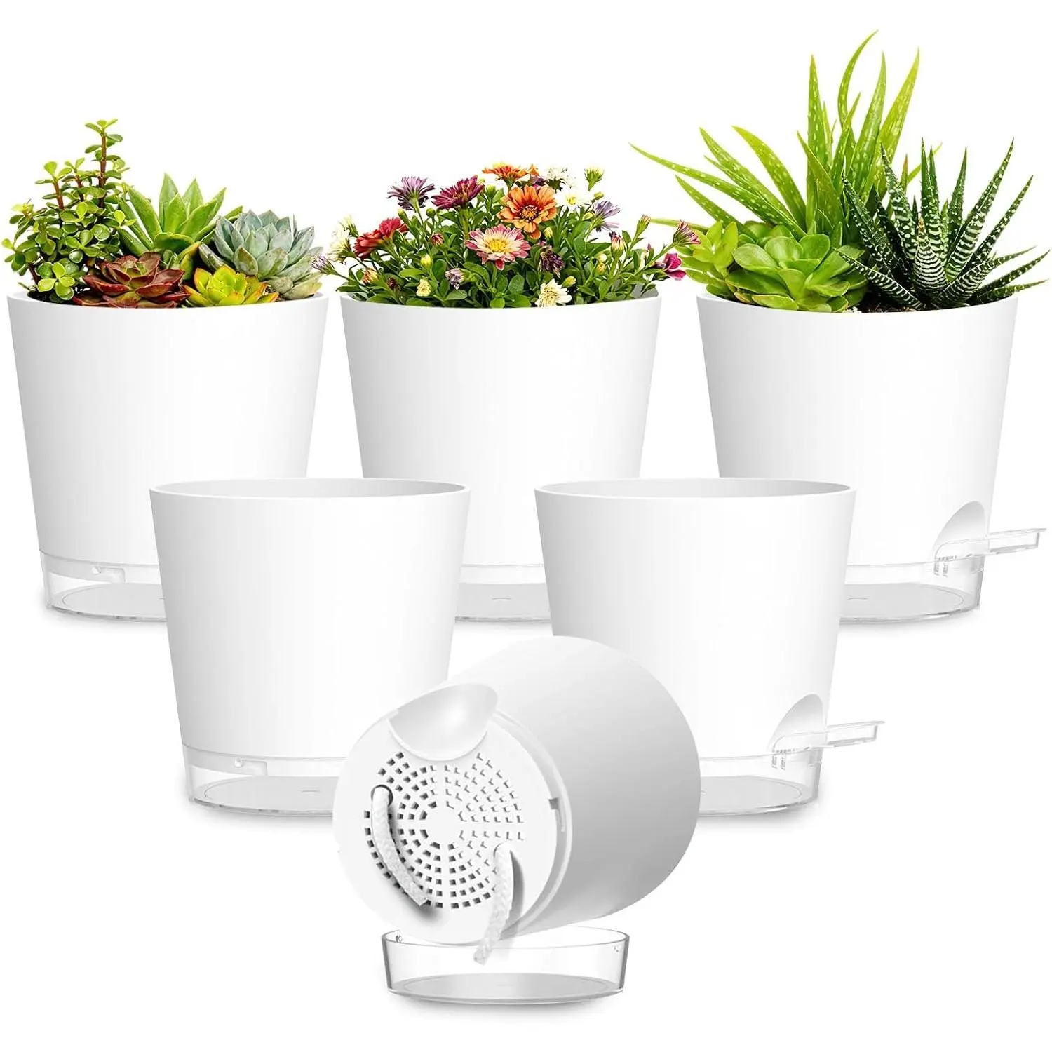 Pots 4 Inch Self Watering Pots,6 Pack Plastic Planters with Drainage Holes and Clear Saucers,Plastic Flower Pots, Planting Pot for Indoor Out Door  (White)