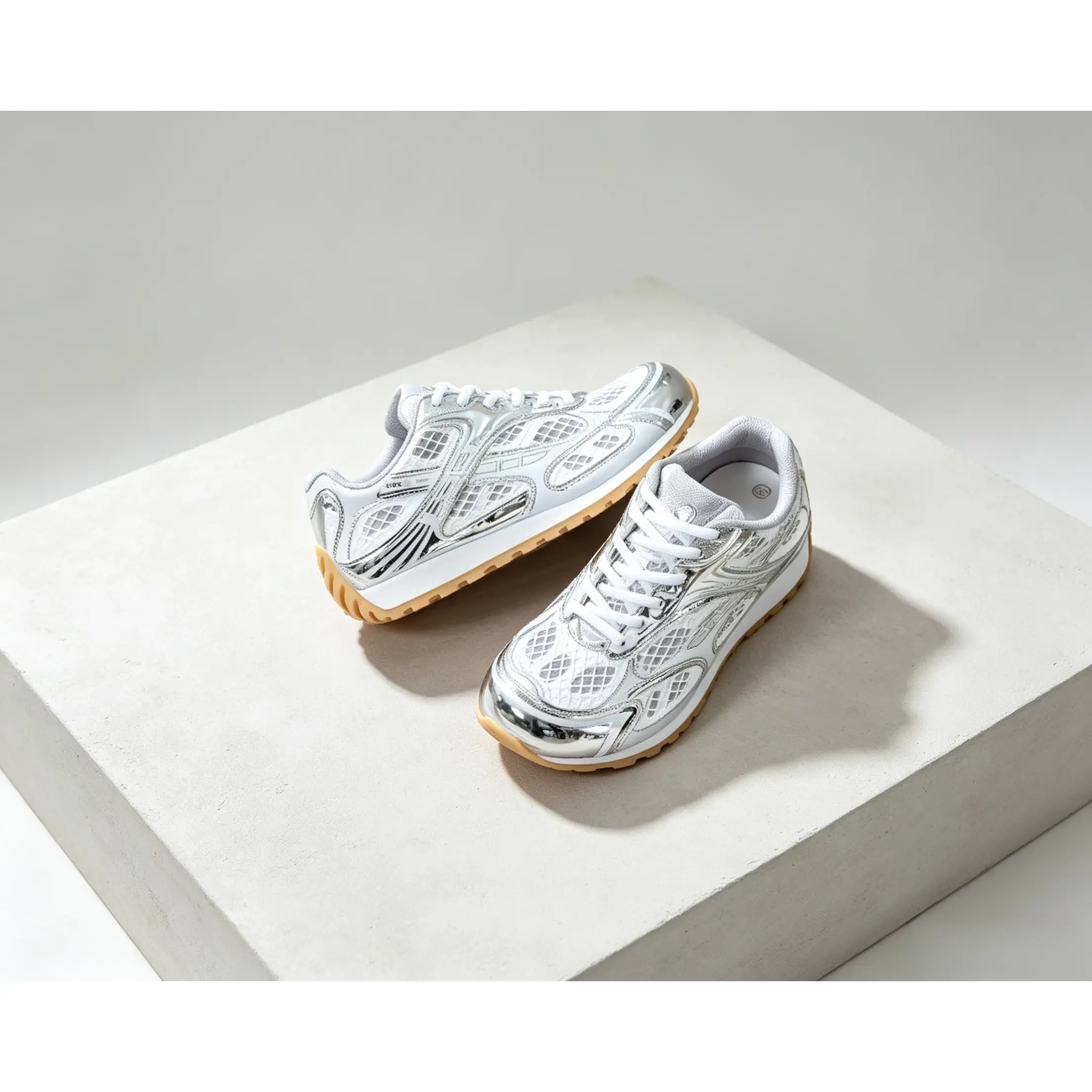 Retro Metallic Silver Women Sneakers, Breathable Mesh Upper Casual Running Shoes, Non-Slip Gum Rubber Sole Vintage Athletic Trainers for Daily Walking