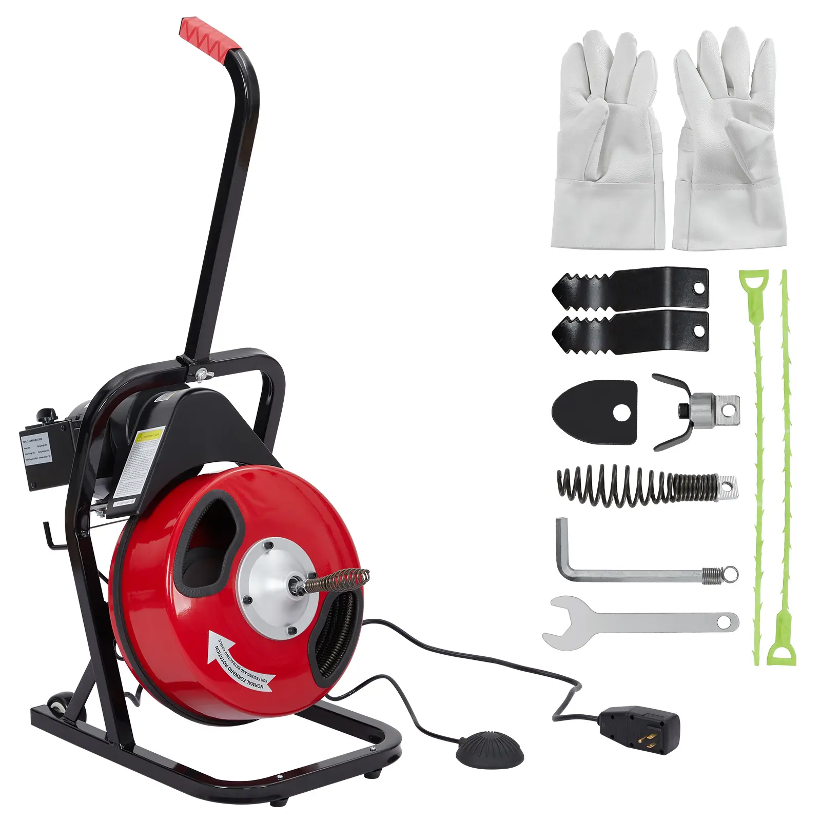 Industrial Commercial Portable Electric Drain Cleaner Sewer Snake, 75 ft x 3/8 in Heavy-Duty Automatic-Feed Steel Frame Cable, 250W Powerful Motor, 4 Interchangeable Cutters, Pneumatic Foot Switch, GFCI, Plumbing Tool for 1in-4in Basement Drains