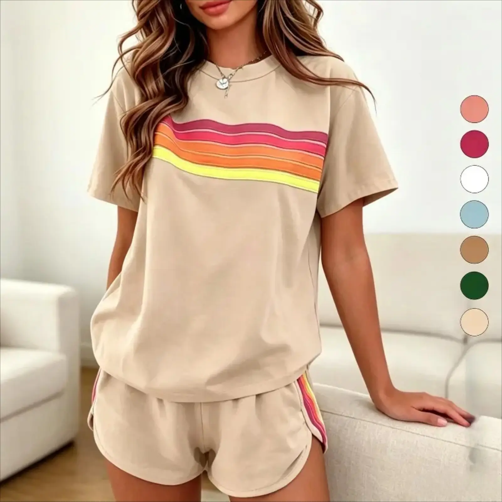 【Summervibes】Rainbow Striped 2Pcs Women Casual Tracksuit, Loose Slim Sporty Outfit, Soft Breathable Elastic Activewear Set, Trendy All-match Ladies Clothing for Summer Vacation Indoor Outdoor Daily Casual Street Wear, 2 Piece Sets, Sets For Women 2 Piece