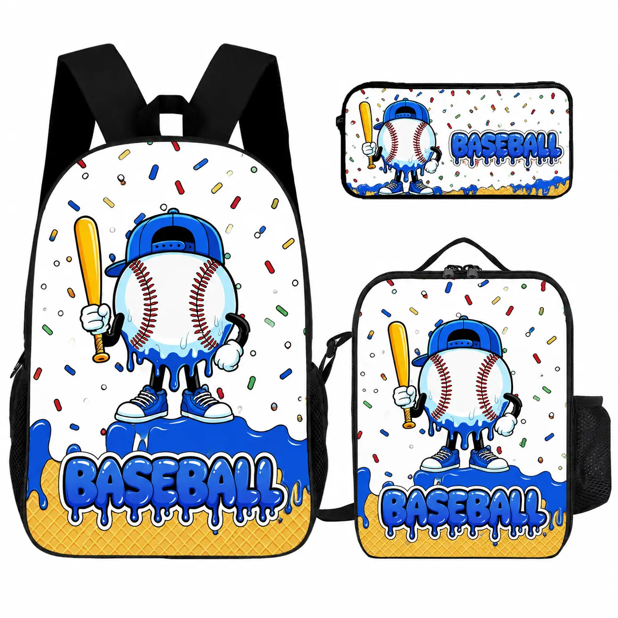 3 Set Baseball Soccer Basketball Football Drip Cartoon Sports Backpack Set with Lunch Bag and Pencil Case for Boys Teens, Colorful Sprinkle School Bookbag Combo