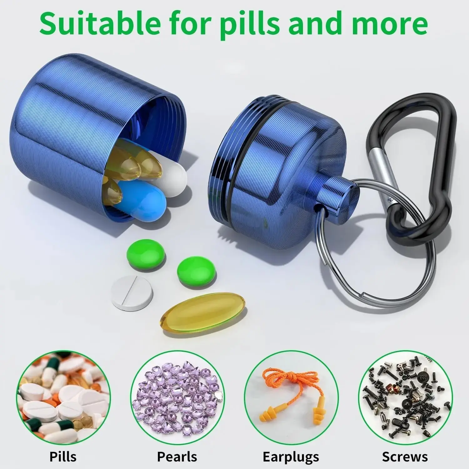 1Count small pill box, keychain pill rack, portable waterproof travel pill container carrier with safety clasp, mini metal pill box bottle, Medicine organizer, Portable Vitamin Organizer, suitable for medical earplugs, jewelry