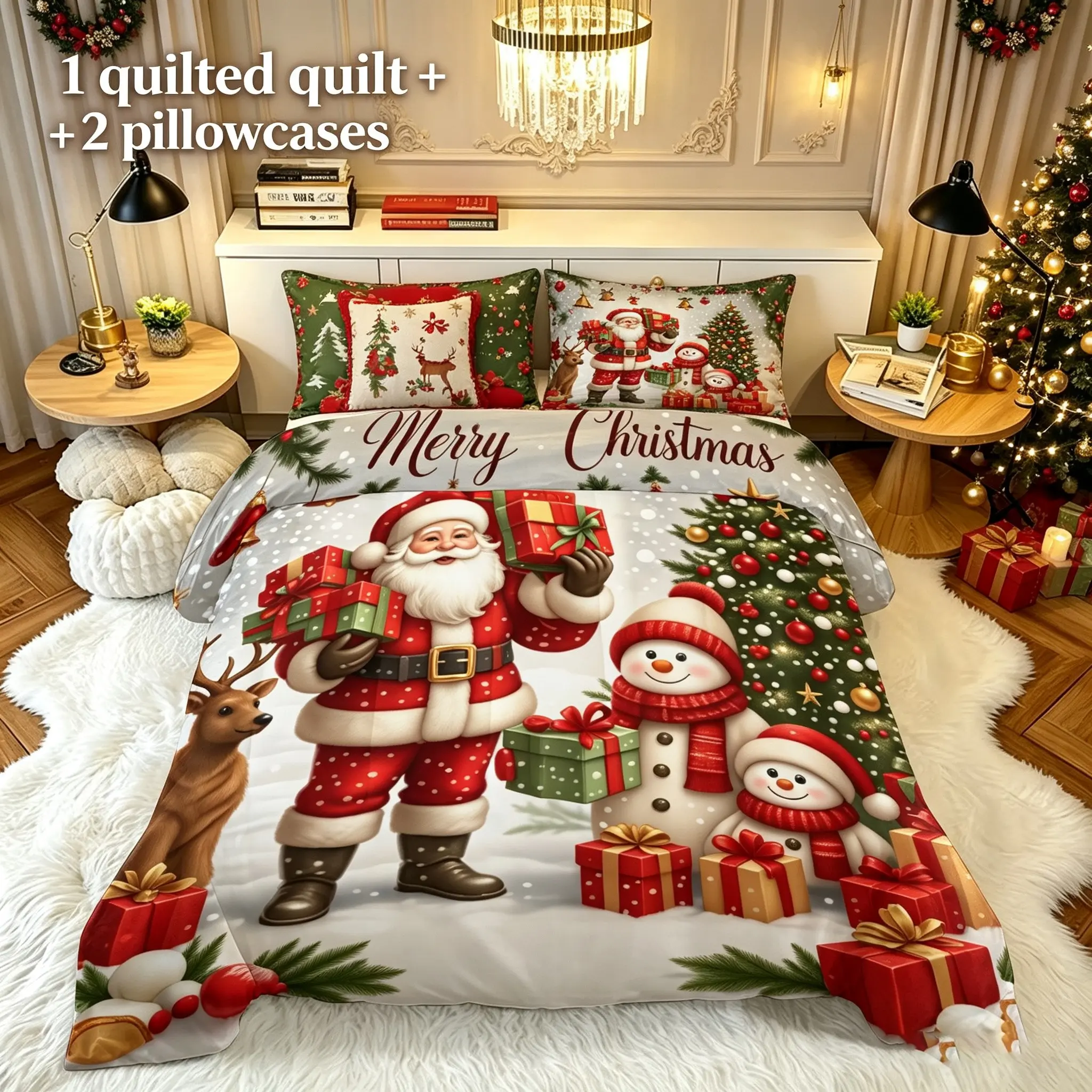 3-piece Christmas character pattern quilted quilt set, Santa Claus snowman reindeer gift box snow landscape print, U-shaped quilted wear-resistant quilted quilt, matched with two pillowcases, Christmas gift home bedroom bedding