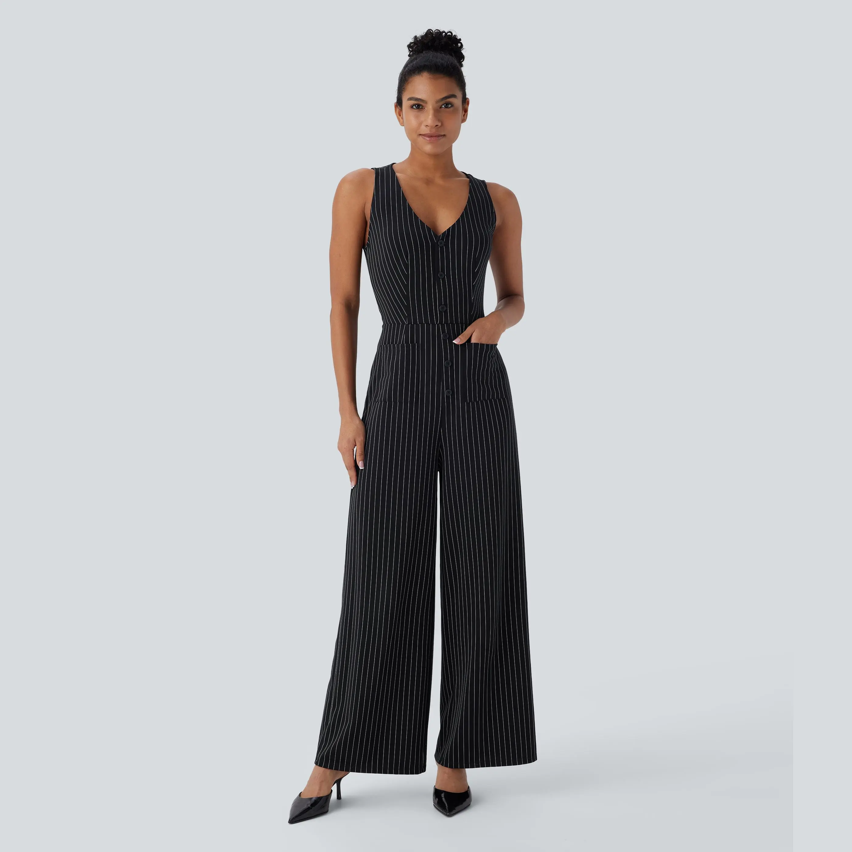Halara V Neck Sleeveless Cut Out Pockets Wide Leg Stripe InstantCool Work Jumpsuit #BackToSchool