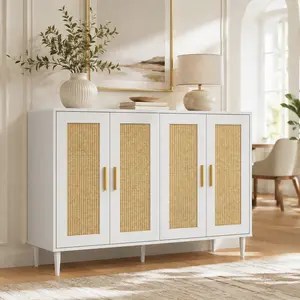 Sideboard Cabinet with Cane Panel, Modern White Buffet Storage for Living Room, Dining Room, Entryway, Accent Furniture, Multi-Room Storage Solution Wood Tall