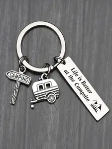 Stainless Steel RV Camping Keychain with Campsite Charm, Perfect Gift for Outdoor Travel, Practical Car and Bag Accessory