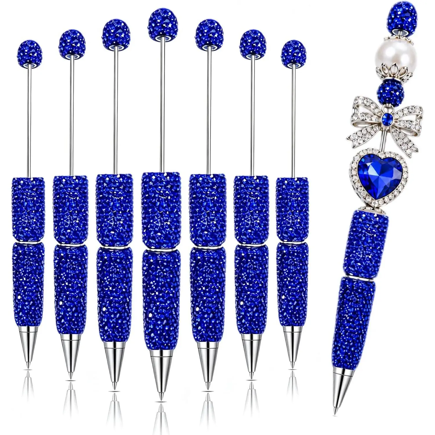 7-Pack Royal Blue Rhinestone Decor Beadable Pens with Removable Rods for DIY Crafts, Office Stationery Use & Gifting (Writing Tool for Journaling, Party Favors), 7-Pack Size