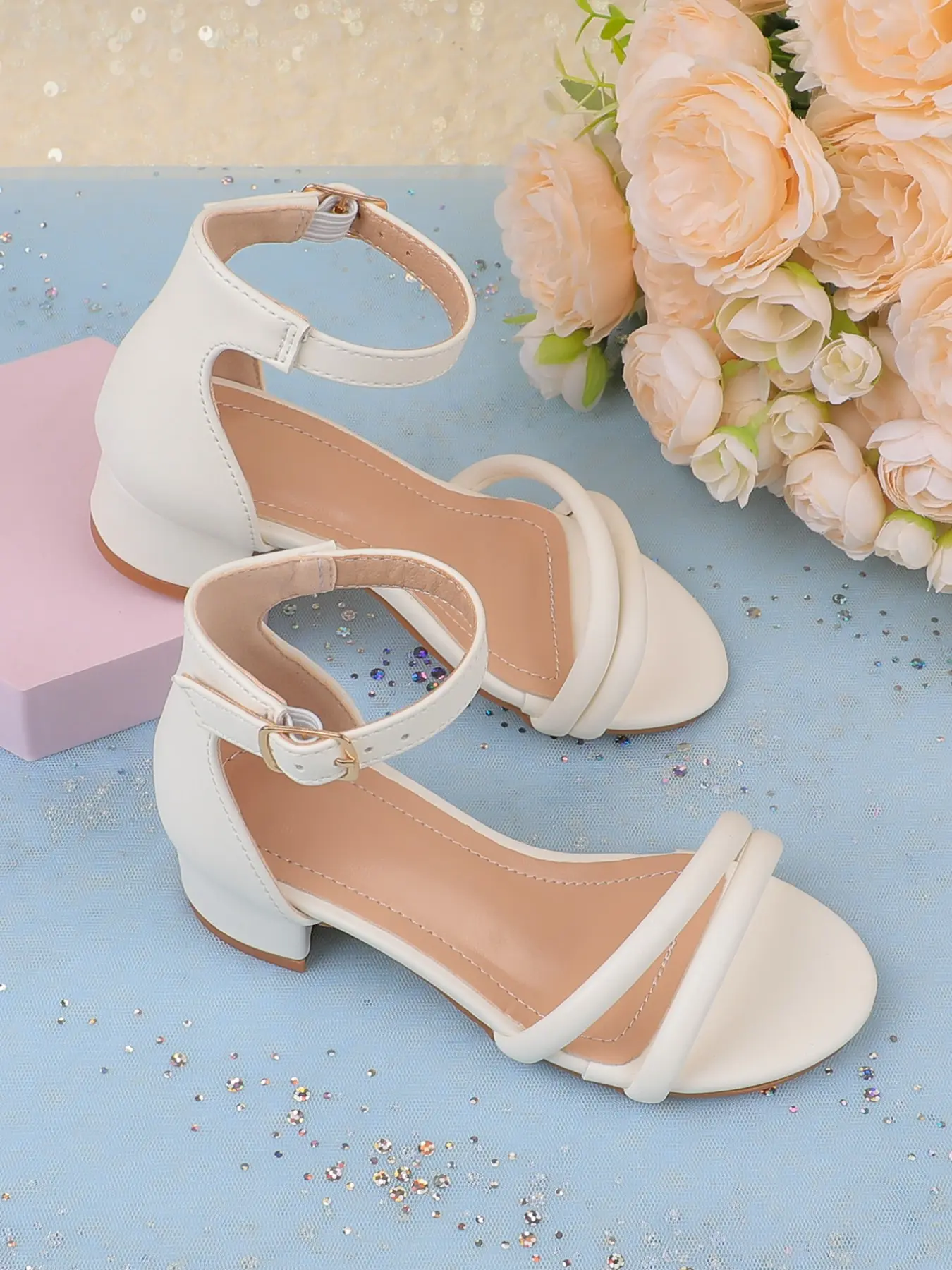 Girls' Sandals, Low-Heel Dress Shoes, Open-Toe Style, Ankle Strap, Chunky-Heel High Heels, Wedding and Party Shoes, Suitable for Toddlers and Older Children