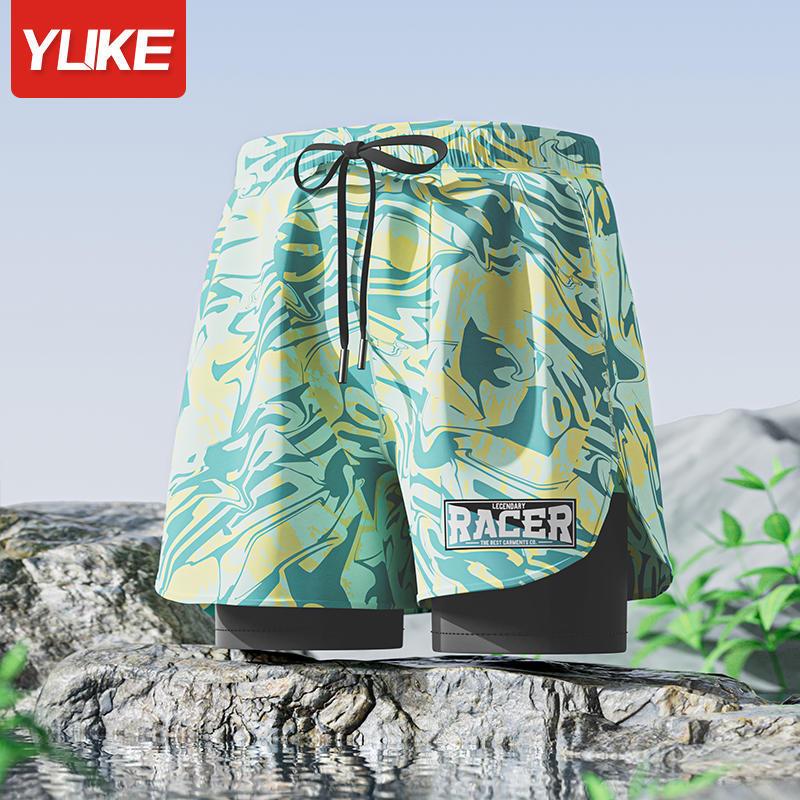 Adult double-layer swimming trunks men's flat-angle five-point swimsuit anti-embarrassment new professional beach adult swimming equipment one piece