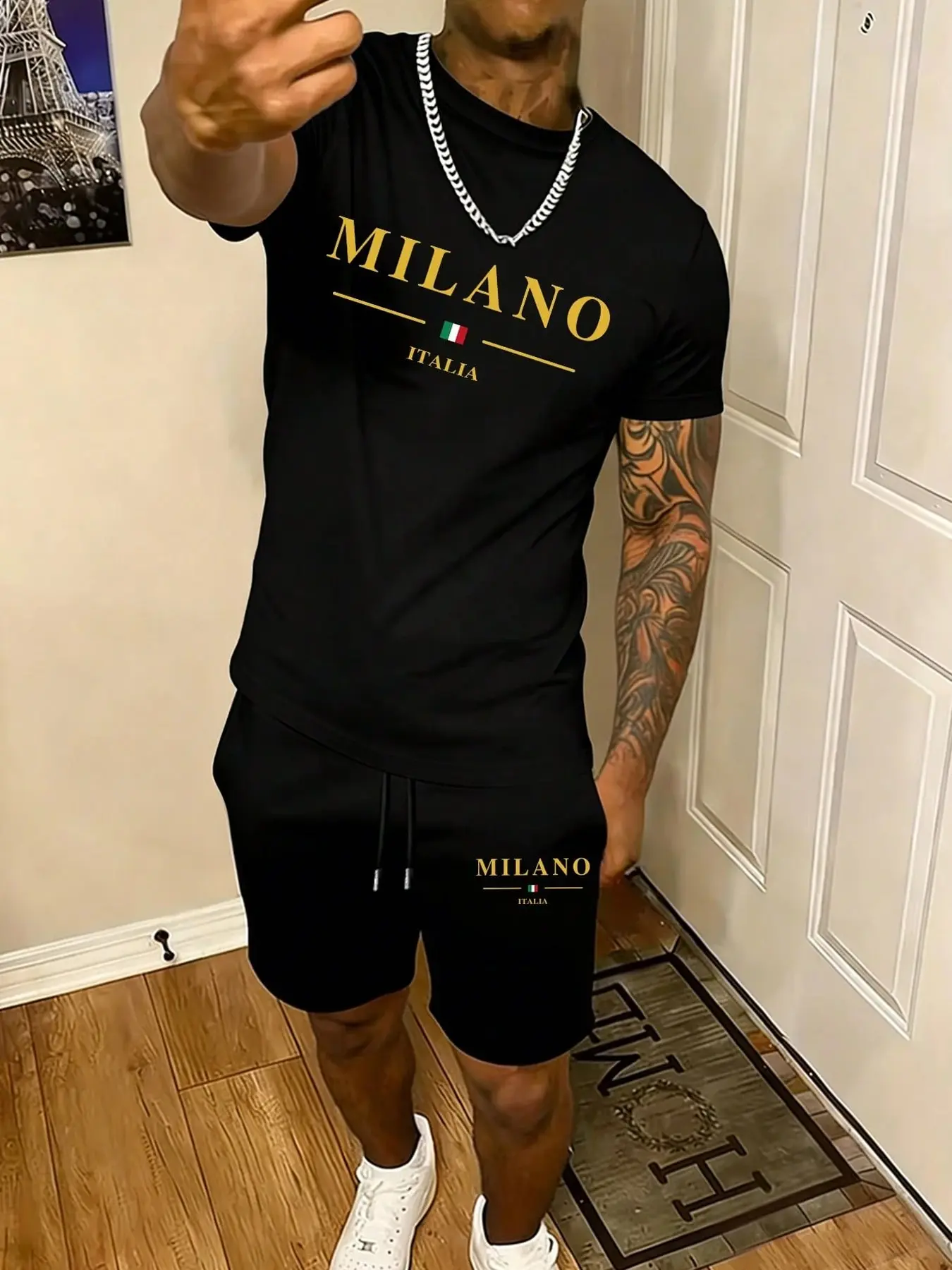 Men's Summer 2-Piece Milano Italia Graphic Print T-Shirt & Sports Shorts Set, Menswear Streetwear for Vacation & Casual Daily Wear, Matching Outfits Set
