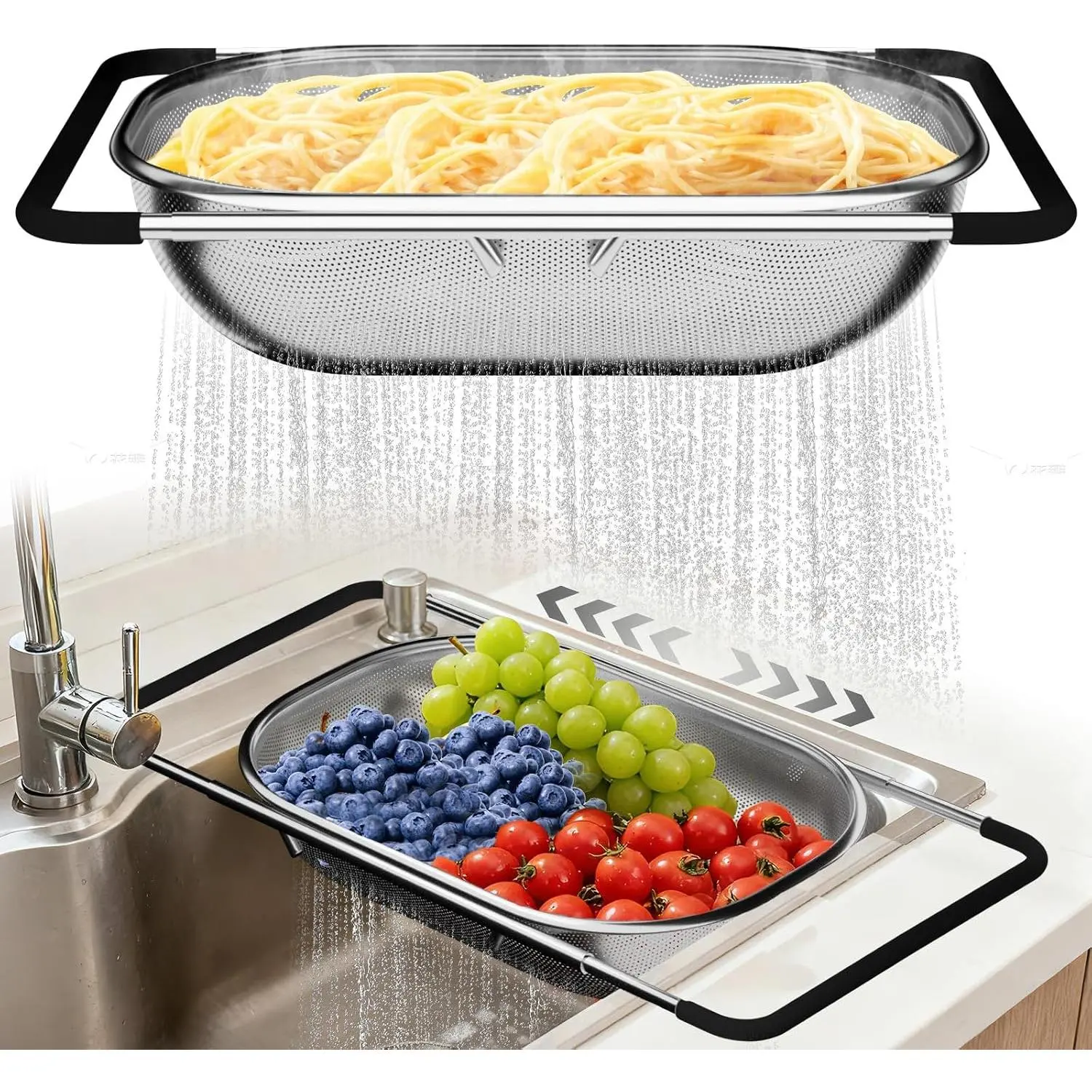 Over the Sink Colander - Strainers and Colanders - Sink Strainer Basket - Expandable Fine Mesh Strainer with Rubber Grip for Veggie, Fruits, Pasta,  Kitchen Essentials (9.5W x 13.4-21.3L x 3.3H)
