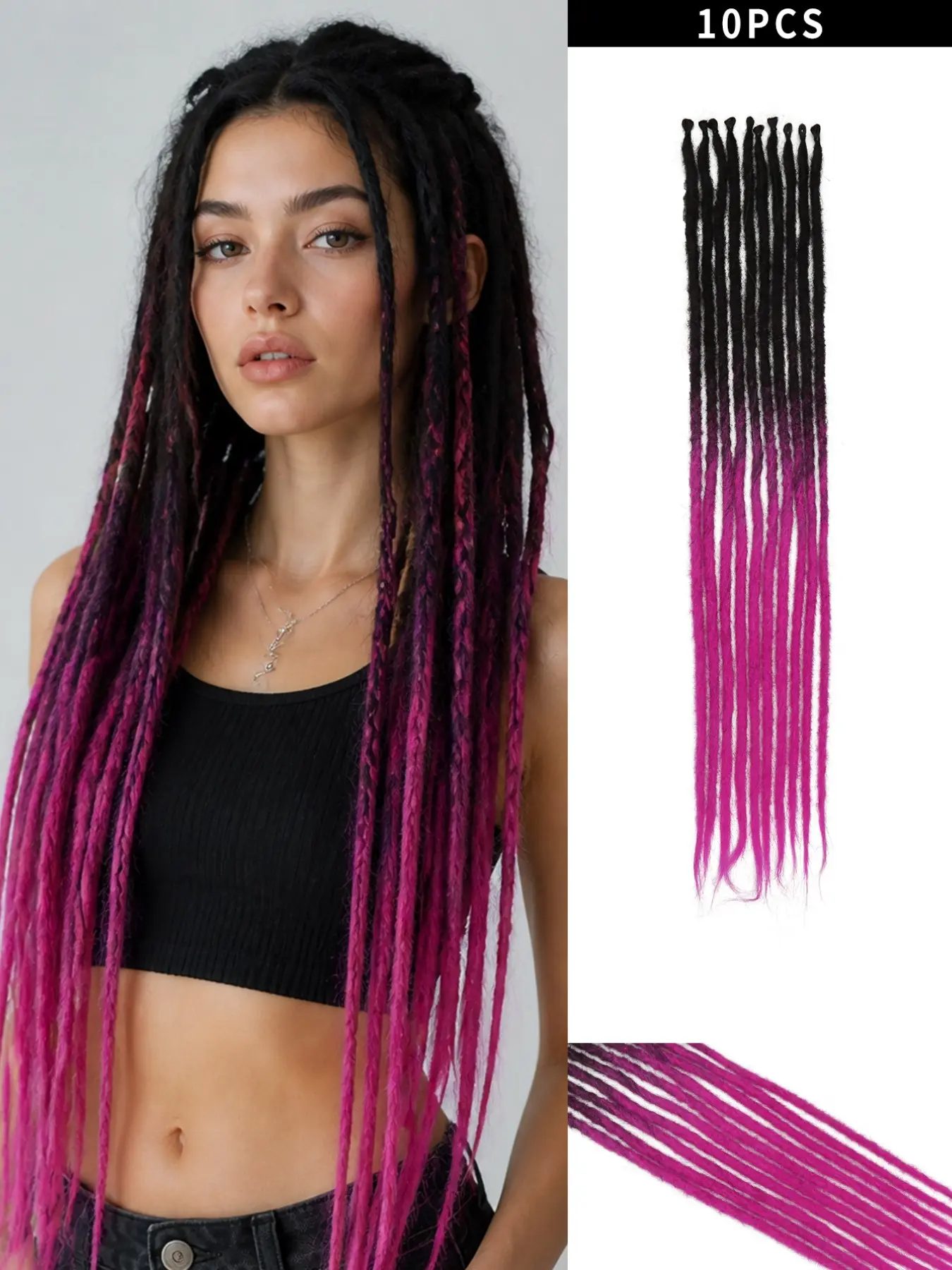24-Inch Dreadlock Extensions – 10-Strand Single-Ended Synthetic Thin Hippie-Style Locs (0.6cm) – Black-to-Rose Pink Ombre – Handmade Soft Locs (Unisex) – Suitable for Christmas, Carnival, and Music Festivals.