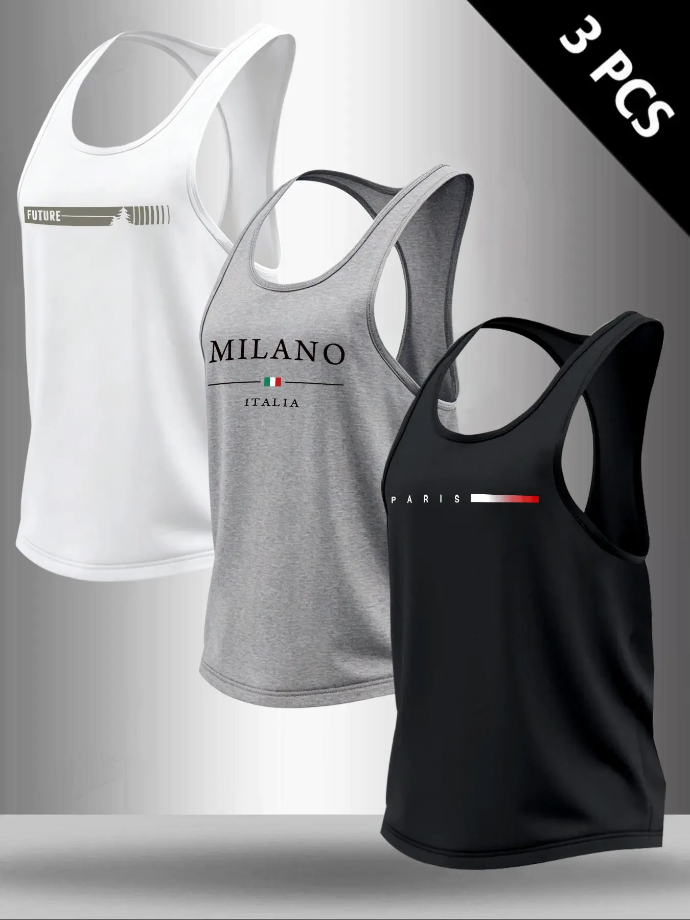 Three-Pack Men's Breathable Printed Y-Back Tank Tops, Sports Vest, Slim-Fit Sleeveless Shirts, Quick-Dry Athletic Undershirts for Gym Training, Fashion Letter-Print Stretchy Tees for Daily Casual Wear