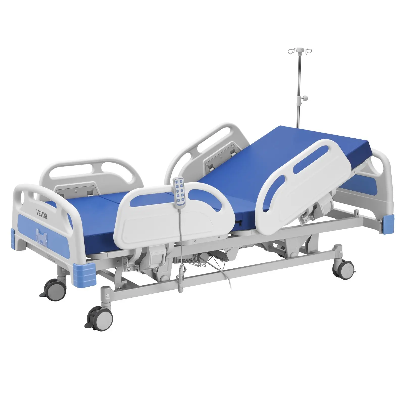 VEVOR Premium Carbon Steel 5-Function Full Electric Hospital Bed, ICU Medical Bed with Trendelenburg & Reverse Trendelenburg, 5" Locking Casters, High-Density Mattress, 550LBS Capacity (for Home & Hospital Use)