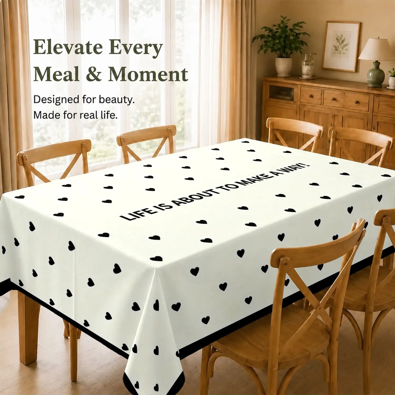 1pce Black Heart Polka Dot Tablecloth, Creamy Soft Fabric, Bold “Life Is About To Make A Way!” Inspirational Quote, Elegant Heart Pattern, Perfect for Valentine’s Day, Anniversary Dinners, Romantic Home Gatherings — Thickened for Durability, Cozy & Stylis