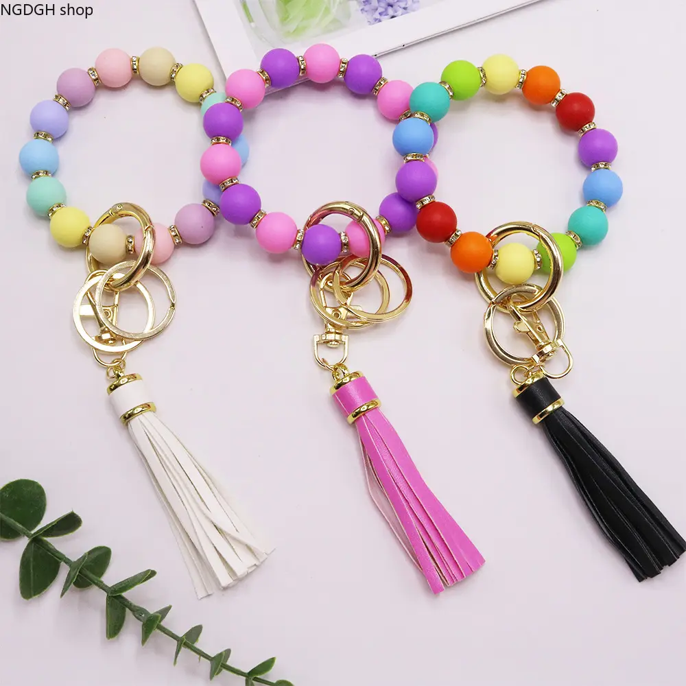 Colorful Silicone Beaded Wristlet Keychain Elastic Wrist Bracelet Key Ring With PU Tassel Lobster Clasp Portable Bangle Key Holder For Women Purse Bag Car Keys Daily‑use Accessory