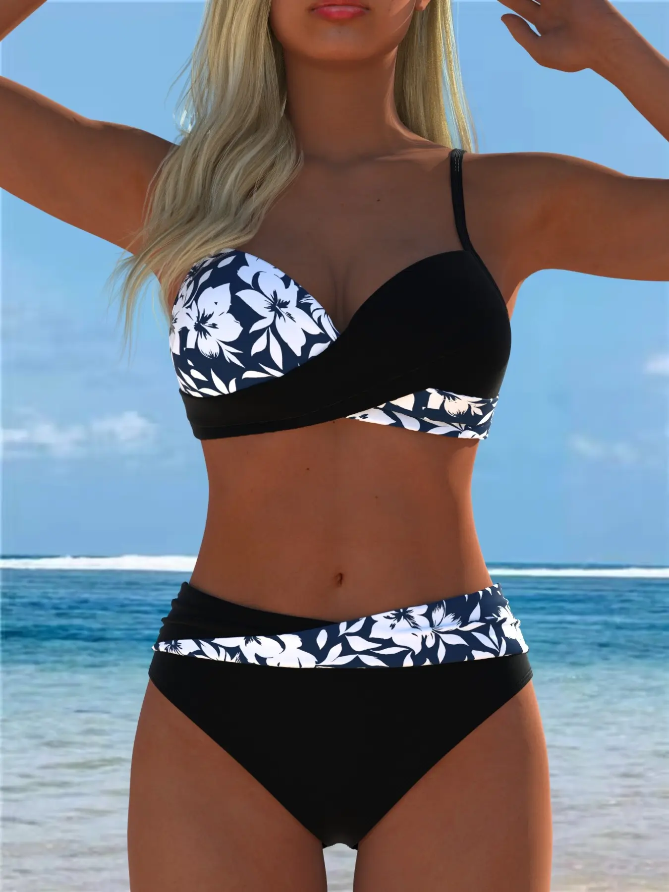 Women's Thin Strap Cross-Over Push-Up Two-Piece Bikini Set, High-Waisted Tummy Control Design, Beach Vacation Swimwear