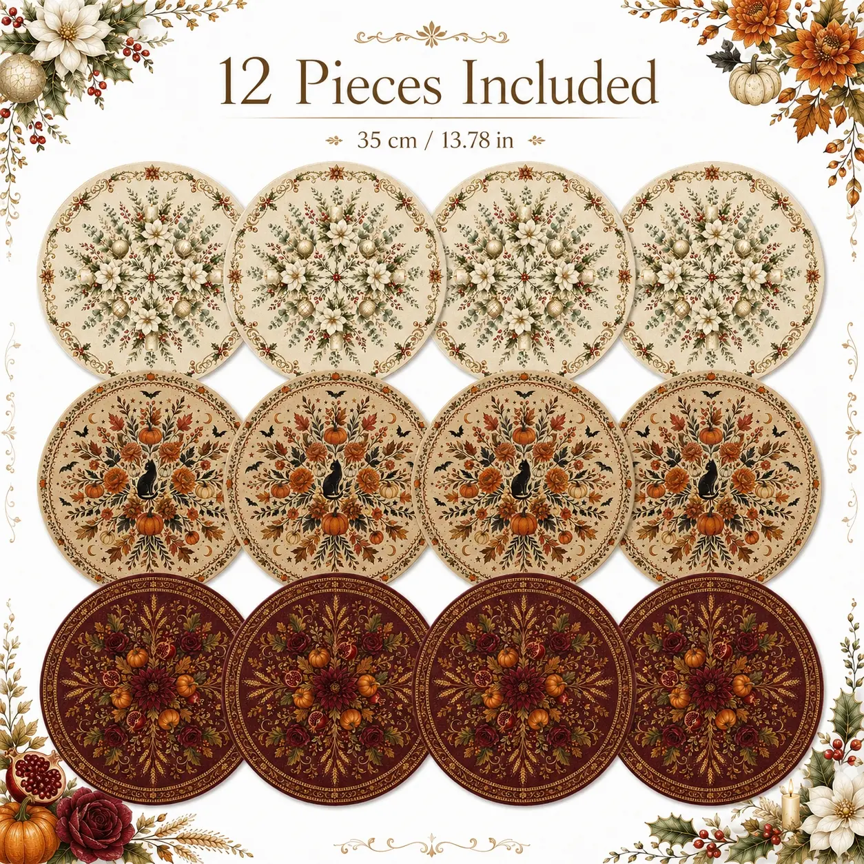 12 Piece Round Placemat Set, 35cm (13.78in), Farmhouse Fall Halloween & Christmas Table Mats, Tableware, Pumpkin Floral Ghost Cat Designs, Vintage Boho Washable Non-Slip Dining Placemats for Kitchen Table Decor
