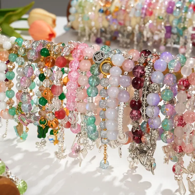 25/45Pcs Summer Cracked Glass Beaded Bracelets with Floral, Butterfly, Fish Tail, Star & Bow Pendants, Unique Niche Design, Random Color Pattern Bulk Jewelry, Stackable Wrist Gifts for Valentines, Birthdays Anniversaries