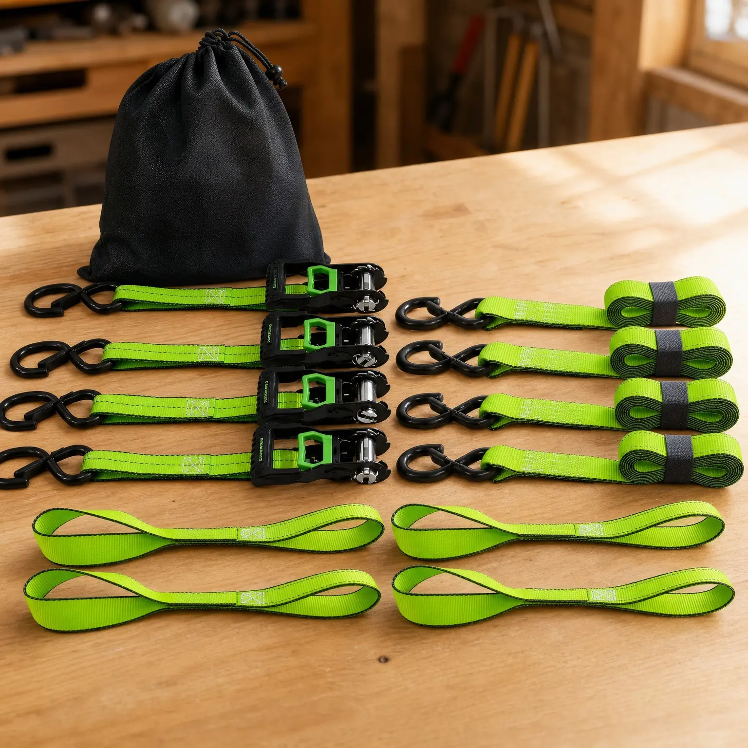 2,100lb Break Strength Premium 15ft Ratchet Tie Down Straps Set (4PK) with Soft Loop for Motorcycle, Appliances, Lawn Equipment, TrucksGift