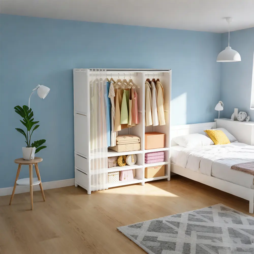 Floor-Standing Double Rod Wardrobe Closet - Translucent Curtain, Multi-tier Shelves, Woven Baskets, Fabric Drawers, Large Cap Compartmentalized Storage, Closet Organization Solution for Small Apartment (Small Room Ideas), Rectangular Frame