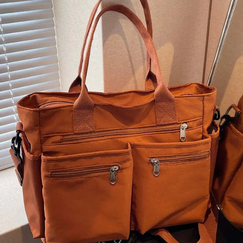 Women's Solid Color Multi-Pocket Tote Bag, Large Capacity Lightweight Adjustable Crossbody Shoulder Bag, Casual Commuter Handbag for Work and Daily Use, Casual Bags