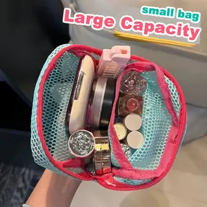 Pastel Dopamine Color Block Mesh Zipper Bag, Divided Layer Mini Cosmetic Organizer, Tiny Spacious See Through Mesh Pouch For Travel Makeup, Hair Accessories & Outdoor Sundries